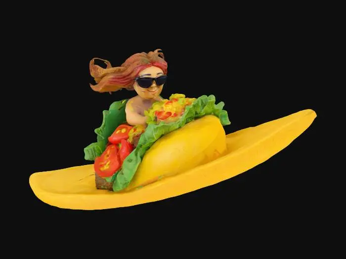 3D model for [California] Taco Surfboard, messy, with human rider in sunglasses, #AroundTheWorld#