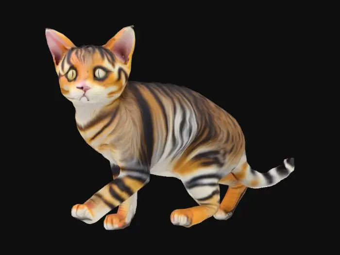 3D model for The object is a cat with a rounded body shape, distinct striped pattern on its short fur, and folded ears, standing on a solid surface with a smooth texture., #arch#