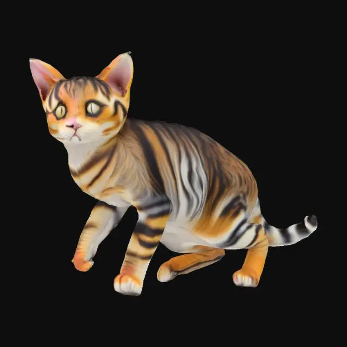 3D model for The object is a cat with a rounded body shape, distinct striped pattern on its short fur, and folded ears, standing on a solid surface with a smooth texture., #arch#
