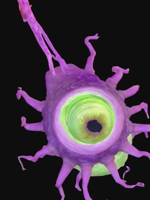 3D model for Cadılar bayramı için Mikroskopik mutant bakteri/ mikro-organizma, büyütülmüş (mikroskop) ölçeğinde olduğu net anlaşılsın. Dış zar koyu parlak mor (#8A2BE2), yarı saydam, içi görünüyor. İçte hafifçe dönen zehirli yeşil sıvı çekirdeği (#A8EB12), hafif parlaklık ve küçük hareketli parçacıklar. Zar içinde tek küçük parlayan 'zehir gözü' motifi (insan yüzü değil, küçük vurgu). Ekvator çevresine tam **8 kısa kamçı** eşit aralıkla, ince ve hafif yarı saydam şekilde bağlı. Küçük çatlaklardan sis/boğucu gaz çıkışı efekti. Stil: korku-bilim, detaylı doku, 3D model için temiz organik mesh. Kamera: makro yakın plan, sığ alan derinliği. NEGATİF: saksı, bardak, kokteyl, tabak, insan yüzü, mobilya yok.