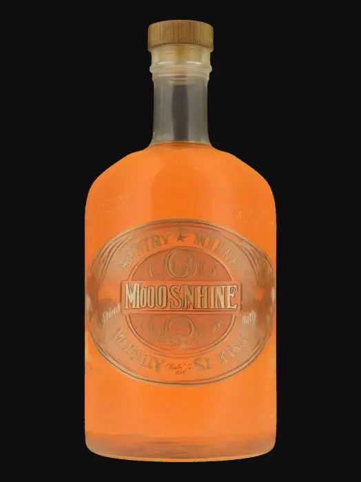 3D model for big bbottle of moonshine with MESHY logo, #emblem#
