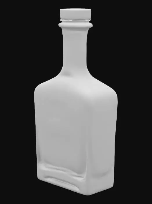 3D model for Please create a 3D model of an empty whiskey bottle with a square shape and intricate embossed details. The bottle should have a vintage, rugged look with a long neck and a cork or screw cap. Ensure high-quality textures, including reflections on the glass, and make it suitable for realistic rendering in animations or games