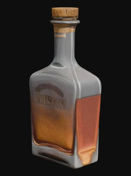 3D model for Please create a 3D model of an empty whiskey bottle with a square shape and intricate embossed details. The bottle should have a vintage, rugged look with a long neck and a cork or screw cap. Ensure high-quality textures, including reflections on the glass, and make it suitable for realistic rendering in animations or games
