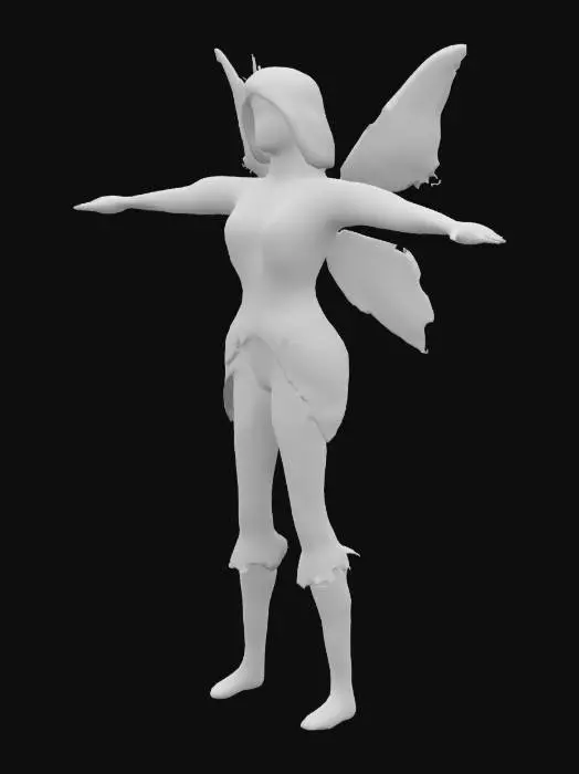 3D model for #fairy#, Please create a 3D model of a forest faerie in a T-pose. The character should have delicate yet powerful features, with nature-inspired elements such as leaf-patterned clothing, bark-like armor, and glowing magical accents. The wings should resemble butterfly or dragonfly wings with intricate details. Ensure fully articulated limbs and a detailed rig for animation. The textures should emphasize an organic, mystical forest aesthetic
