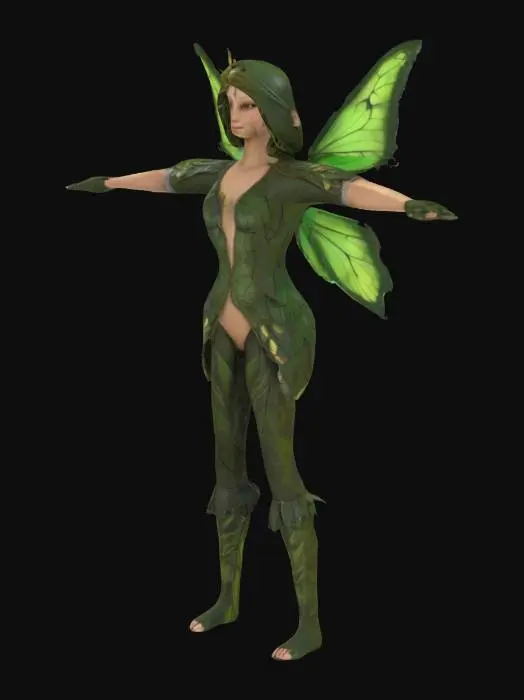 3D model for #fairy#, Please create a 3D model of a forest faerie in a T-pose. The character should have delicate yet powerful features, with nature-inspired elements such as leaf-patterned clothing, bark-like armor, and glowing magical accents. The wings should resemble butterfly or dragonfly wings with intricate details. Ensure fully articulated limbs and a detailed rig for animation. The textures should emphasize an organic, mystical forest aesthetic
