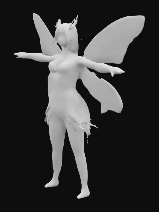 3D model for #fairy#, Please create a 3D model of a forest faerie in a T-pose. The character should have delicate yet powerful features, with nature-inspired elements such as leaf-patterned clothing, bark-like armor, and glowing magical accents. The wings should resemble butterfly or dragonfly wings with intricate details. Ensure fully articulated limbs and a detailed rig for animation. The textures should emphasize an organic, mystical forest aesthetic
