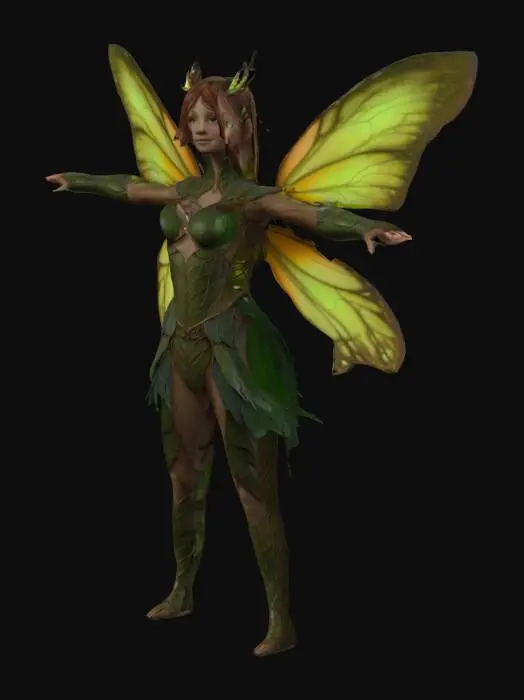 3D model for #fairy#, Please create a 3D model of a forest faerie in a T-pose. The character should have delicate yet powerful features, with nature-inspired elements such as leaf-patterned clothing, bark-like armor, and glowing magical accents. The wings should resemble butterfly or dragonfly wings with intricate details. Ensure fully articulated limbs and a detailed rig for animation. The textures should emphasize an organic, mystical forest aesthetic
