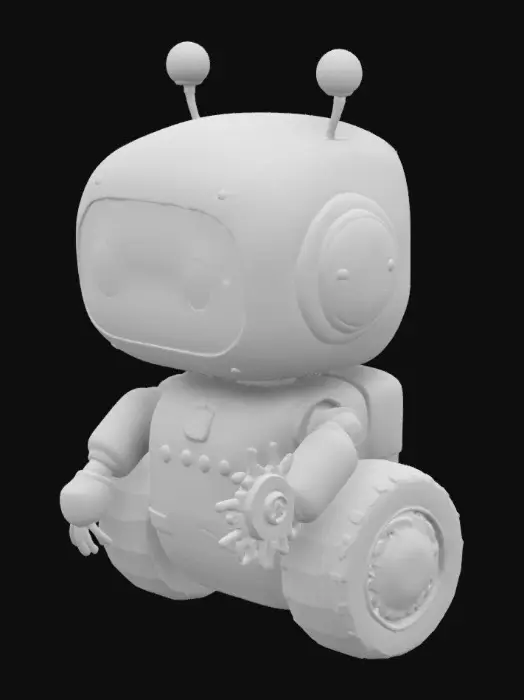3D model for petit robot mignon détaillé futuriste dans un style cartoon  sur une seule roue reliée à son corps par une simple barre verticale. un corps plutôt arrondie et une scie circulaire en face de lui relié à un bras mécanique. Fais lui une petite tête mignonne 
