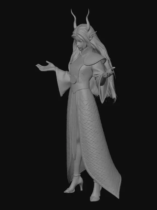 3D model for elf mage, with golden long hair. wearing dragon scale robe. holding a unicorn horn wand