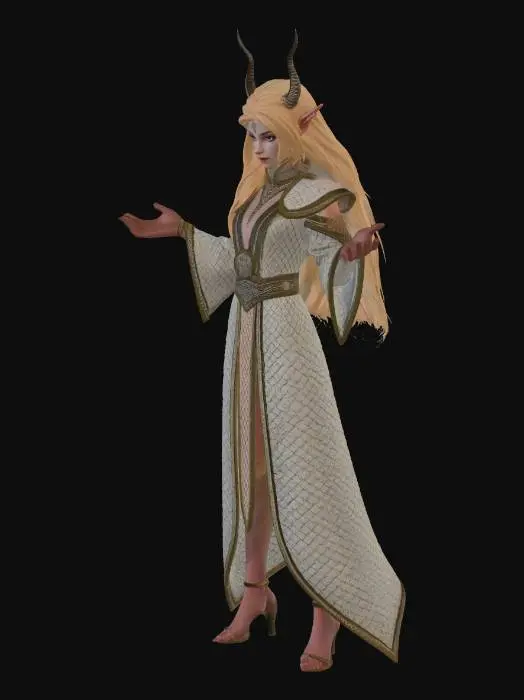 3D model for elf mage, with golden long hair. wearing dragon scale robe. holding a unicorn horn wand