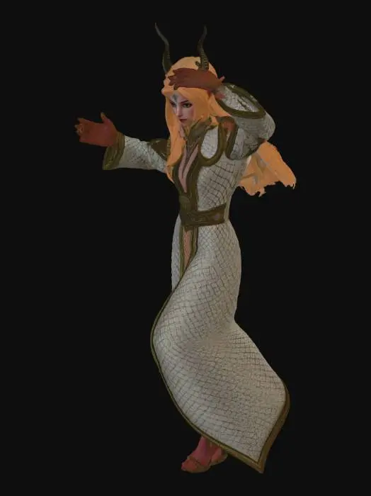 3D model for elf mage, with golden long hair. wearing dragon scale robe. holding a unicorn horn wand