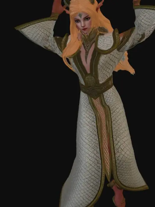 3D model for elf mage, with golden long hair. wearing dragon scale robe. holding a unicorn horn wand