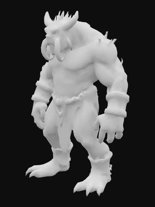 3D model for A highly detailed fantasy monster model with a massive, muscular body and rough, pale green skin covered in dark green scales and black spots. It has a fierce face with glowing yellow eyes, sharp tusks, and pointed ears. The creature wears weathered silver wristbands and a dark brown fur loincloth with a metal belt. Its large hands and feet have sharp, dark claws, giving it a powerful and battle-ready appearance