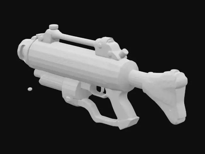 3D model for Create a 3D render of a stylized, futuristic firearm with a punk aesthetic. Use vibrant neon purples, blues, and pinks, with graffiti-like decals and rebellious vibes. Feature exaggerated proportions like a large barrel, asymmetrical design, and playful attachments. Add glowing LED or plasma accents for a sci-fi feel, worn textures, and quirky elements like shark decals. The weapon should feel chaotic yet functional, evoking mischief and danger with a wild, playful design.