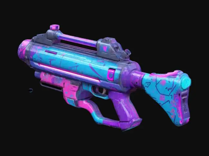 3D model for Create a 3D render of a stylized, futuristic firearm with a punk aesthetic. Use vibrant neon purples, blues, and pinks, with graffiti-like decals and rebellious vibes. Feature exaggerated proportions like a large barrel, asymmetrical design, and playful attachments. Add glowing LED or plasma accents for a sci-fi feel, worn textures, and quirky elements like shark decals. The weapon should feel chaotic yet functional, evoking mischief and danger with a wild, playful design.