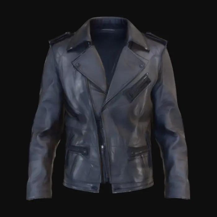 3D model for Black leather biker jacket longsleeves epaulets double lapels unzipped open patent leather