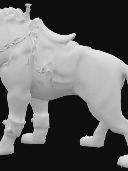 3D model for 强壮的老虎坐骑，身上有很多坐骑装备。脖子上有一个厚重的铁项圈，项圈连接着背上的鞍具。前爪戴着铁护腕，铁护腕上面挂着断掉的铁链。脚爪上穿着护腿，肩部两侧各有一片盔甲。头上戴着马嚼子。