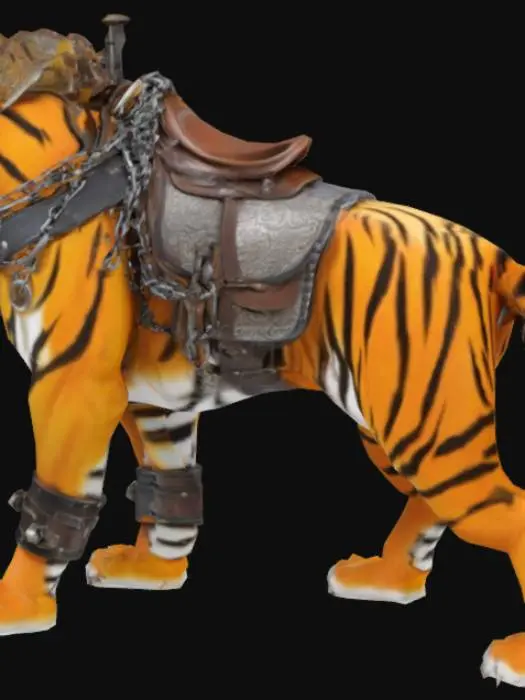 3D model for 强壮的老虎坐骑，身上有很多坐骑装备。脖子上有一个厚重的铁项圈，项圈连接着背上的鞍具。前爪戴着铁护腕，铁护腕上面挂着断掉的铁链。脚爪上穿着护腿，肩部两侧各有一片盔甲。头上戴着马嚼子。