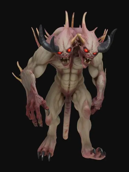3D model for Design a terrifying two-headed monster, over 10 feet tall, with muscular, scarred bodies. One head has sharp teeth, glowing red eyes, and twisted horns, while the other has decaying flesh and hollow eyes. It has scaly skin, four clawed arms, and beast-like legs with sharp talons, evoking fear and danger."