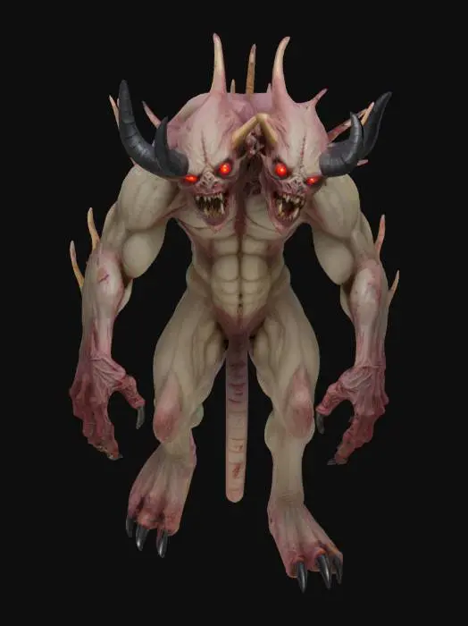 3D model for Design a terrifying two-headed monster, over 10 feet tall, with muscular, scarred bodies. One head has sharp teeth, glowing red eyes, and twisted horns, while the other has decaying flesh and hollow eyes. It has scaly skin, four clawed arms, and beast-like legs with sharp talons, evoking fear and danger."