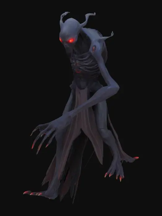 3D model for "A dark, shadowy humanoid creature with glowing red eyes and long, thin arms. The figure is slightly hunched. It should have animations for idle, walking, and attacking, with a transparent background