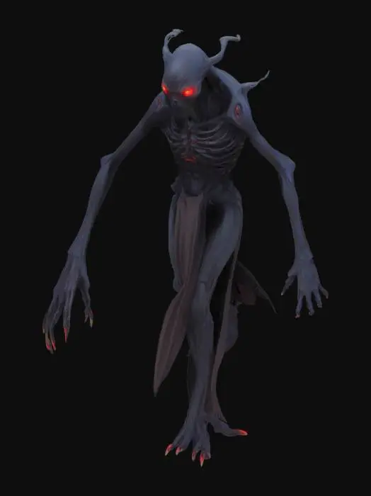 3D model for "A dark, shadowy humanoid creature with glowing red eyes and long, thin arms. The figure is slightly hunched. It should have animations for idle, walking, and attacking, with a transparent background
