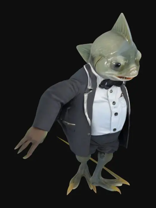 3D model for A small humanoid fish man (a kuo toa). It has a bullet-shaped, piscine head with a mouthful of sharp teeth and a pair of bulging silver-black eyes. A paunchy body with short, slender lithe arms, with partially webbed hands and  webbed feet.
It is wearing a dress shirt, bow tie, and a butlers jacket.
