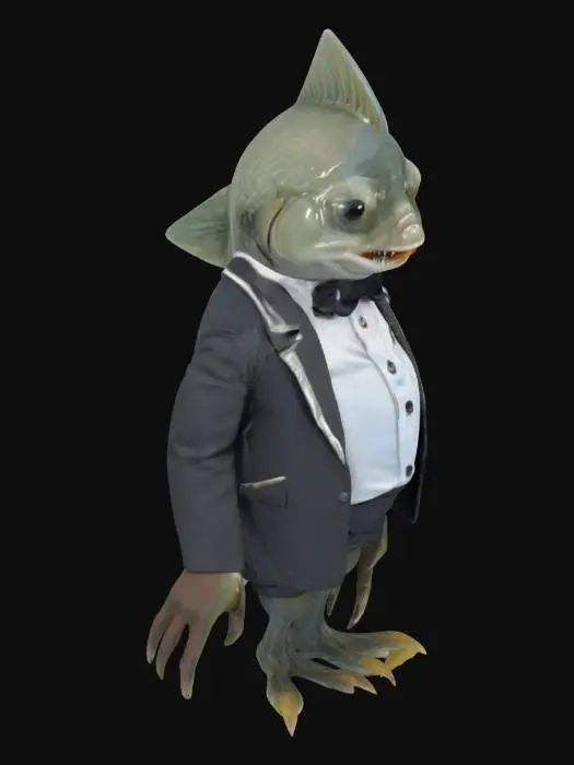 3D model for A small humanoid fish man (a kuo toa). It has a bullet-shaped, piscine head with a mouthful of sharp teeth and a pair of bulging silver-black eyes. A paunchy body with short, slender lithe arms, with partially webbed hands and  webbed feet.
It is wearing a dress shirt, bow tie, and a butlers jacket.
