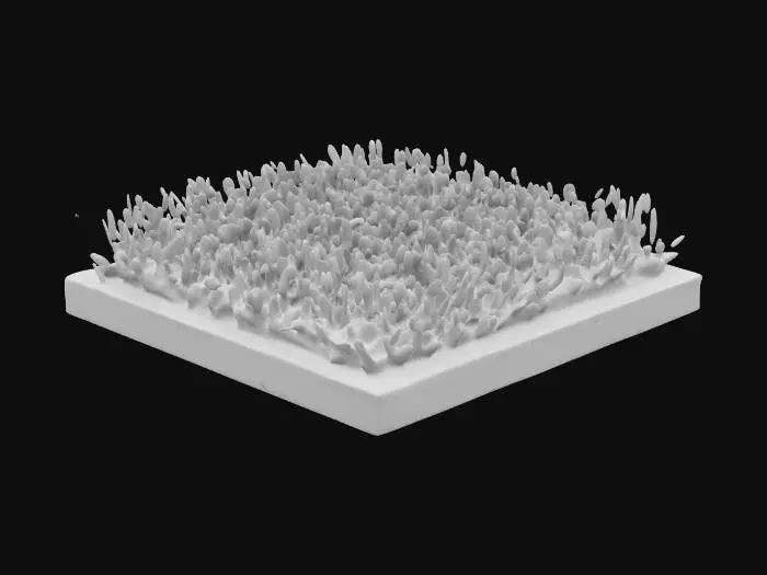 3D model for 2 feet by 2 feet square piece of sod of Kentucky  bluegrass growing 4 cm , with a medium green color from .7 centimeters to the top of grass blades rest is dark green, dirt is deeis deep black with clumps visible. 