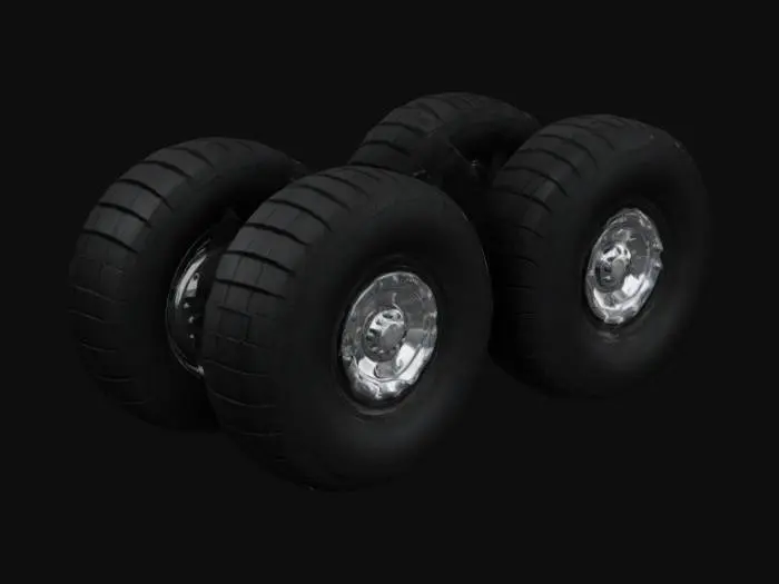 3D model for tire set for peterbuilt 18 wheel semi truck, with tire pressure gauge for back wheels. standard front tire tire rim with lug nuts. Back dual rims for tires with lug nuts