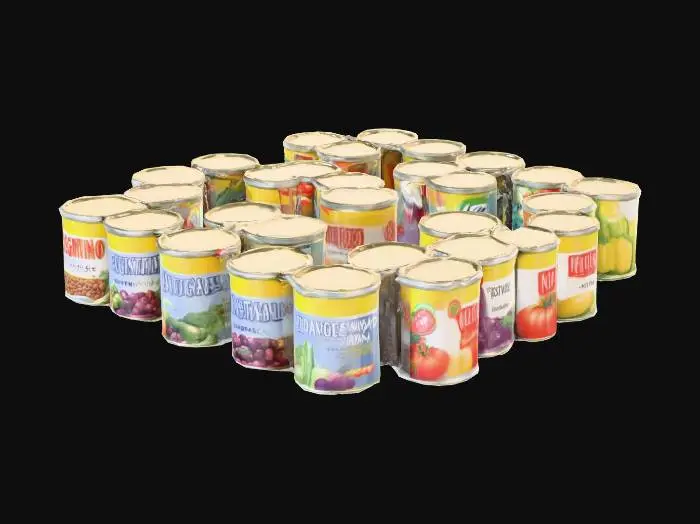 3D model for row of random small can goods