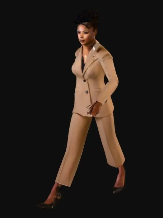 3D model for African-American businesswoman with short stylized hair, wearing a  tan pantsuit with black , low-heeled shoes,, in a t pose with fingers spread out