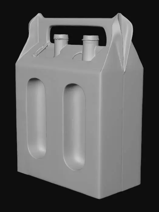3D model for silver and black thick cardboard case that houses four bottles of wine. then box is longer than horizontal, with carry handle at the top