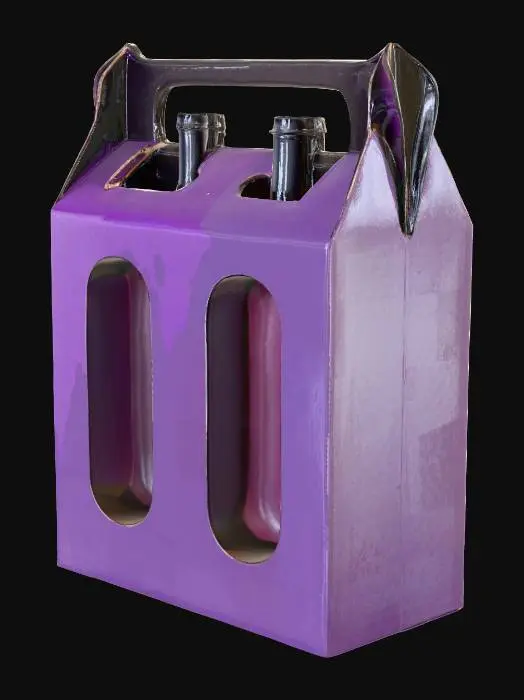 3D model for silver and black thick cardboard case that houses four bottles of wine. then box is longer than horizontal, with carry handle at the top