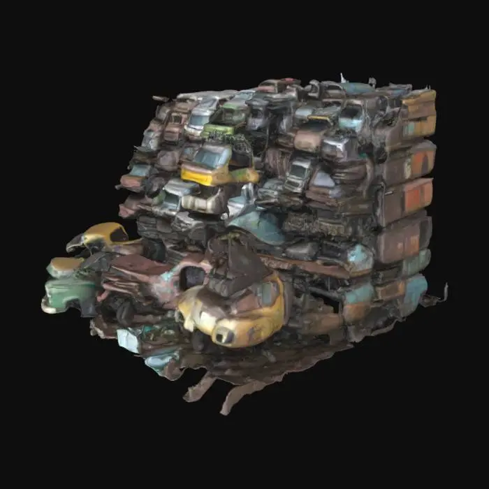 3D model for wall of junkyard 150 feet long 40 feet hight that has dirt floor, old and moderen wrecked vehickles and debris, weed patches groung arounfbases of ground vehicles