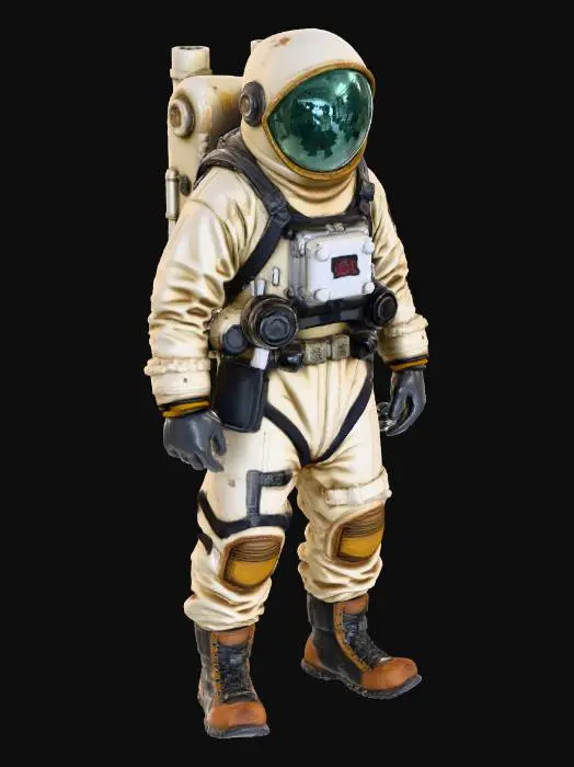 3D model for An abandoned colony astronaut. His spacesuit is a mix of old fabric and sandblasted aluminum, with large clumps of dirt and scorch marks on the surface. The helmet visor is covered with opaque cracks and mud. Requirement: Photorealistic, focus on the texture of fabric folds, the aging of the metal, and meticulous detail on damage and dirt accumulation.