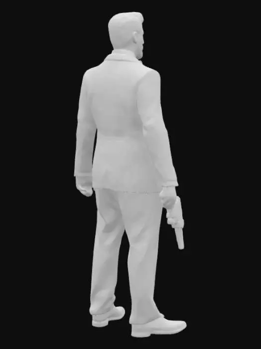 3D model for Create a highly detailed 3D model of a male GTA5 character styled as a Dominican mafioso. He should be wearing an elegant, light blue suit combined with a luxurious tuxedo shirt and pocket square. The character has a sharp, confident facial expression, and his hair is styled slick back. He is holding a small pistol in his right hand and is posed like a secret agent, referencing the classic James Bond pose from the attached image (Daniel Craig as James Bond). The lighting should be cinematic, with a clean background or subtle noir aesthetic. The character's stance should convey authority, danger, and elegance.

