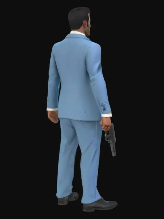 3D model for Create a highly detailed 3D model of a male GTA5 character styled as a Dominican mafioso. He should be wearing an elegant, light blue suit combined with a luxurious tuxedo shirt and pocket square. The character has a sharp, confident facial expression, and his hair is styled slick back. He is holding a small pistol in his right hand and is posed like a secret agent, referencing the classic James Bond pose from the attached image (Daniel Craig as James Bond). The lighting should be cinematic, with a clean background or subtle noir aesthetic. The character's stance should convey authority, danger, and elegance.

