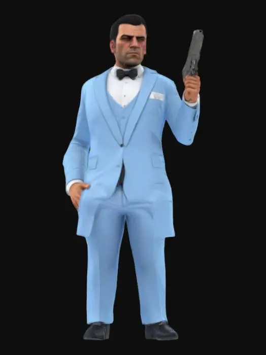 3D model for Create a highly detailed 3D model of a male GTA5 character styled as a Dominican mafioso. He should be wearing an elegant, light blue suit combined with a luxurious tuxedo shirt and pocket square. The character has a sharp, confident facial expression, and his hair is styled slick back. He is holding a pistol in his right hand and is posed like a secret agent, referencing the classic James Bond pose (Daniel Craig as James Bond). The lighting should be cinematic, with a clean background or subtle noir aesthetic. The character's stance should convey authority, danger, and elegance.

