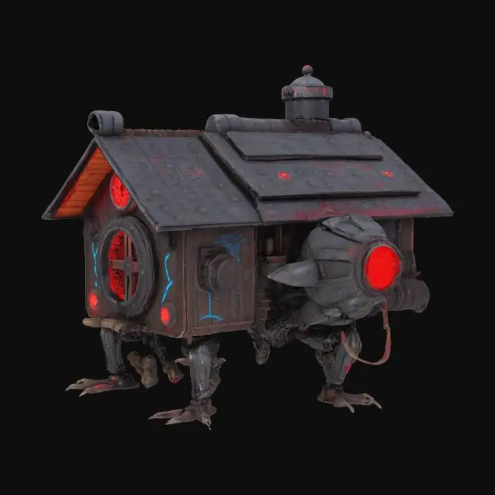 3D model for [Russia] Cybernetically augmented "Baba Yaga's Hut" with Terminator-style biomechanical design. The hut is made of modular armored metal plates with Slavic folk patterns. Features: 4 robotic chicken legs with hydraulic pistons, razor-sharp claws, and exposed cables. The door is a mechanical jaw with saw-like teeth. Glowing red LED eyes in windows. Rusted metal textures with neon-blue cracks (PBR materials). Post-apocalyptic atmosphere with industrial details., #AroundTheWorld#