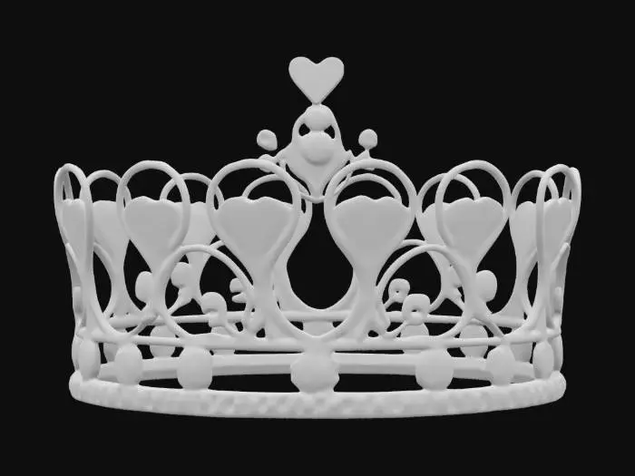 3D model for Elegant Valentine’s Day crown with heart-shaped gems and delicate swirls. Smooth metallic texture in gold with glossy pink jewels. Stylized accessory with a romantic and royal design.