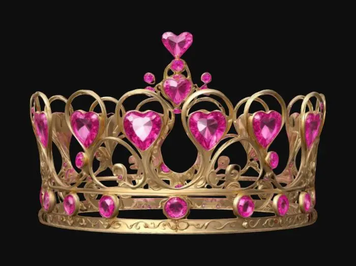3D model for Elegant Valentine’s Day crown with heart-shaped gems and delicate swirls. Smooth metallic texture in gold with glossy pink jewels. Stylized accessory with a romantic and royal design.