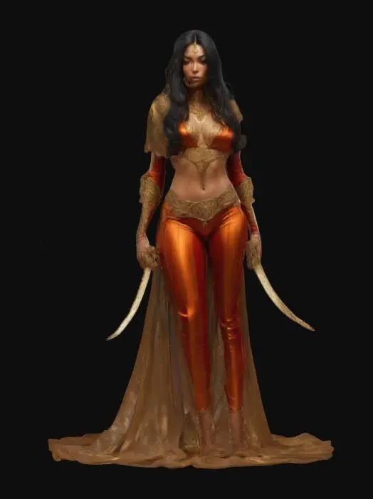 3D model for Exotic female assassin with tan skin and long, wavy black hair. Wears a revealing silk outfit with gold jewelry and flowing veils. Twin curved daggers rest on her hips. Graceful and dangerous, with a seductive gaze. Stylized fantasy art style, smooth silk textures, warm gold and crimson color palette