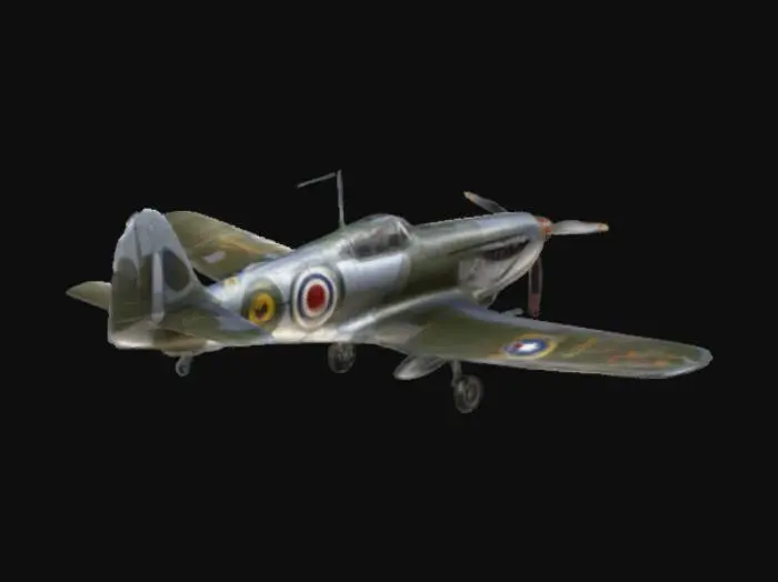 3D model for Stylized,Cartoon, Pixar Style, Ultra Realistic, Highly Detailed,  The object is a World War 2 streamlined aerodynamic, Spitfire,fighter aircraft with a propeller, distinct roundels on its smooth metallic camouflaged texture surfaced elliptical wings featuring military insignia. The object also has a sleek, streamlined, metallic, camouflaged texture surface fuselage,featuring circular military insignia.With the three wheeled landing gear down.