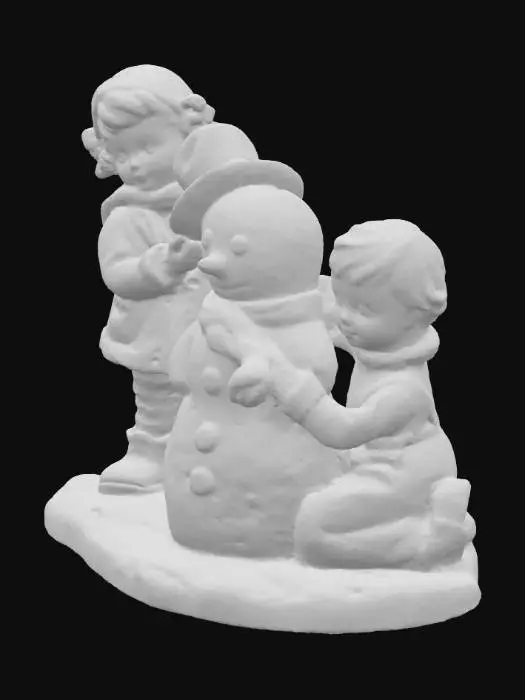 3D model for bambina e bambino costruiscono un  pupazzo di neve stile popolare anni 1940 , abiti contadini  , espressioni facciali di felicità
