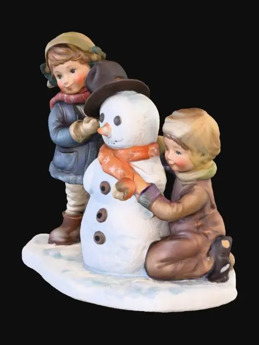 3D model for bambina e bambino costruiscono un  pupazzo di neve stile popolare anni 1940 , abiti contadini  , espressioni facciali di felicità