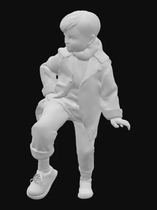 3D model for statua presepe di un bambino  di 9 anni , vestito con calzoni con risvolto , maglia e cappotto in stile popolare contadino  anni 1940, che scavalca un muretto di pietre