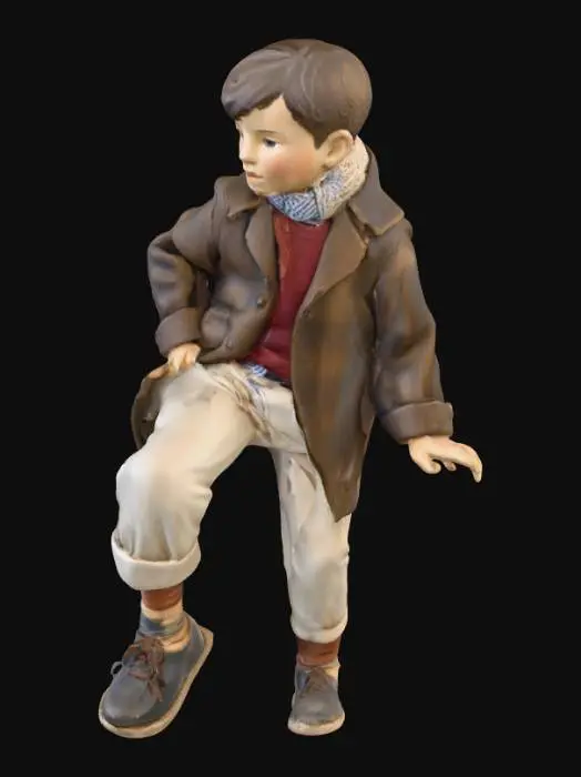 3D model for statua presepe di un bambino  di 9 anni , vestito con calzoni con risvolto , maglia e cappotto in stile popolare contadino  anni 1940, che scavalca un muretto di pietre