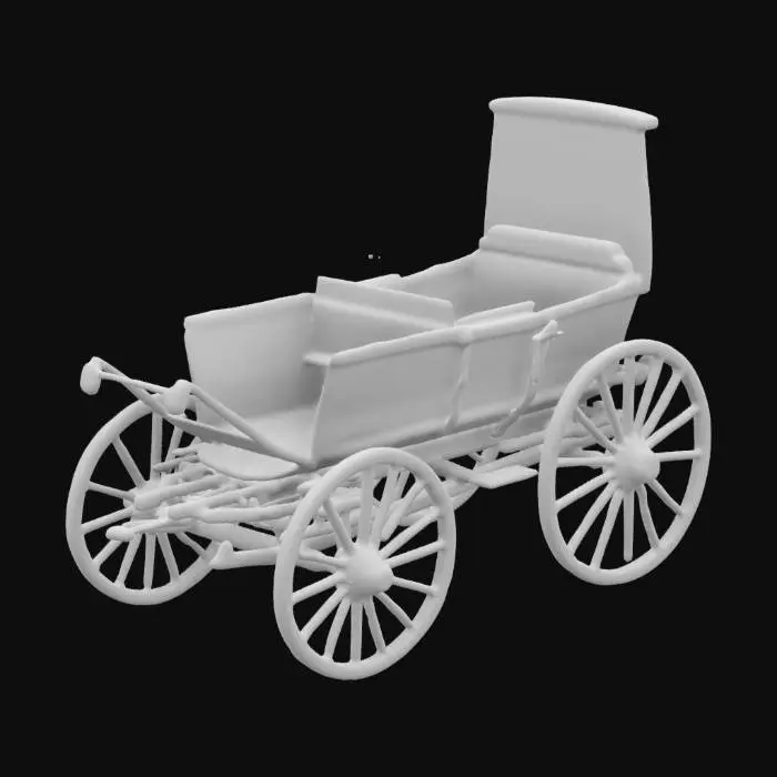 3D model for Game-ready 3D model of a broken Skyrim carriage, featuring cracked wooden wheels, a weathered and aged frame, with rusted metal fittings. The carriage should appear abandoned, with detailed wear from snow and harsh weather conditions, including broken parts like shattered glass and torn leather. The asset should be optimized for use in an open-world RPG setting, with a focus on realism and attention to texture details for the wood, metal, and fabric elements.
