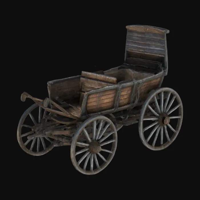 3D model for Game-ready 3D model of a broken Skyrim carriage, featuring cracked wooden wheels, a weathered and aged frame, with rusted metal fittings. The carriage should appear abandoned, with detailed wear from snow and harsh weather conditions, including broken parts like shattered glass and torn leather. The asset should be optimized for use in an open-world RPG setting, with a focus on realism and attention to texture details for the wood, metal, and fabric elements.